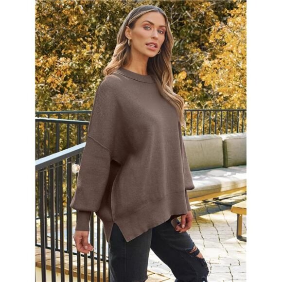 Women's Oversized Batwing Sweater – Crewneck Ribbed Knit with Side Slit - Picture 5 of 8